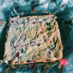 White Chocolate Brownies with Raspberries and Chocolate Chunks